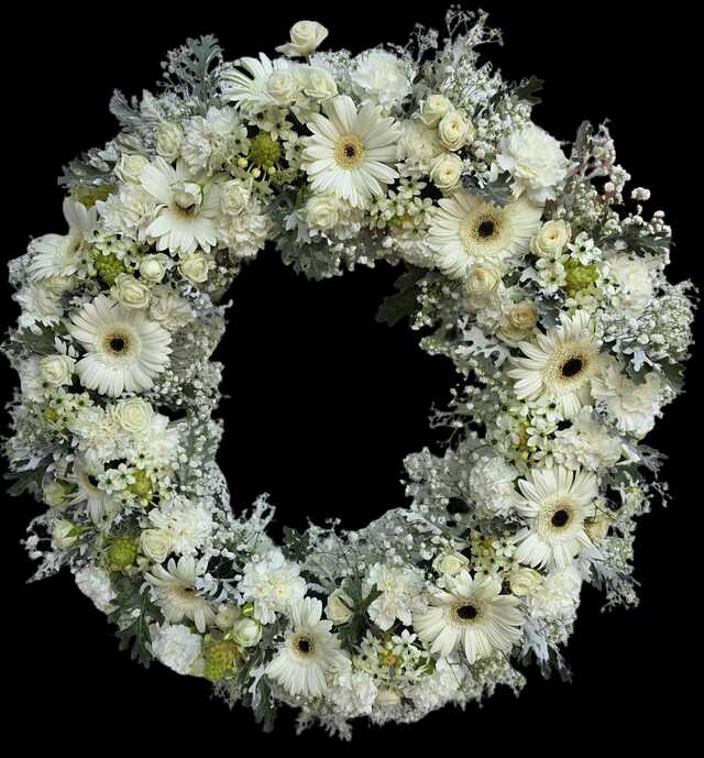 Clic pentru a vedea imaginea mărită Coroana rotunda cu flori albe naturale in burete floral